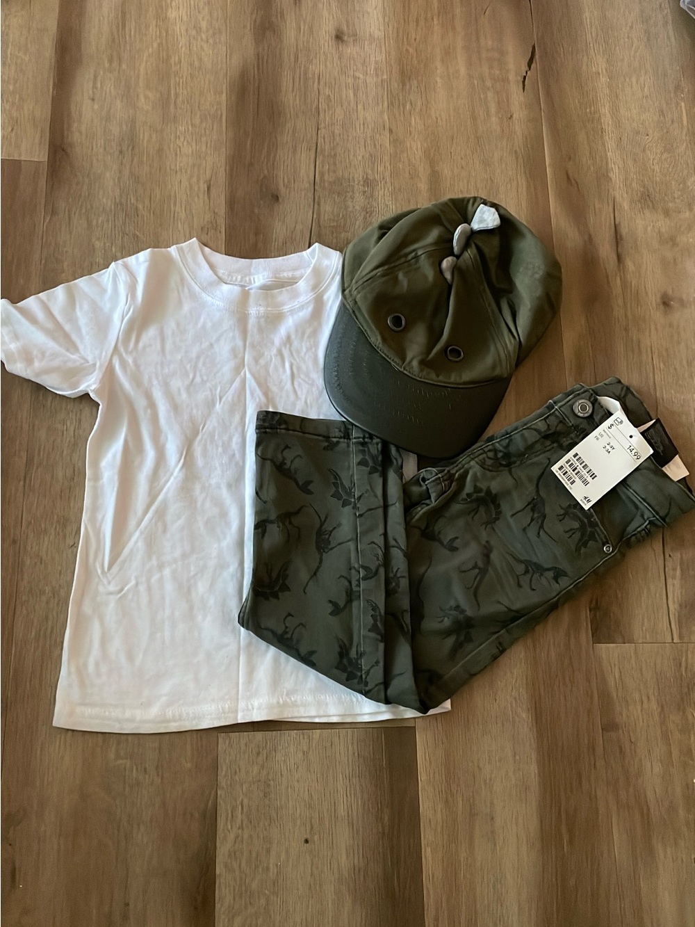 H&M White Short Sleeve Tee with Olive Green Dino Pants & Cap